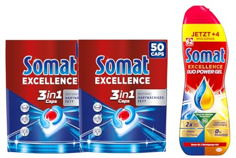 SOMAT Excellence 3in1 Caps 50 Tabs 905 g 2er Pack + Duo Power Gel 992 ml – starke Reinigung, fettlösend, mit Frischegarantie