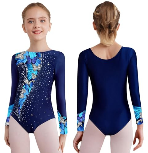 Yruioon Justaucorps De Gymnastique Pour Filles Scintillant Costume Gymnastique Motif Floral Ballet Patchwork Maillot Pour Compétition Danse bleu marine 7-8 ans