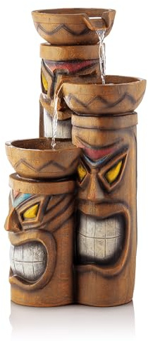 Alpine Corporation 29 H Outdoor 3-Tiered Tiki Head Bowl Waterfall Floor Fountain with Cool White LED Lights, Multicolor
