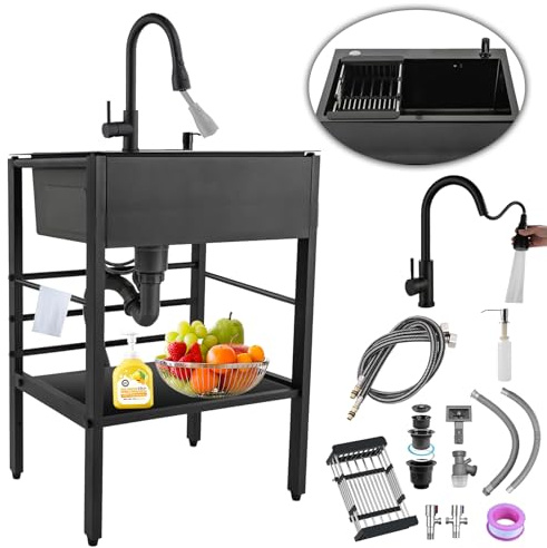 Lavello da campeggio – Lavello da cucina quadrato nero con filtro di scarico e rubinetto, ideale per cucina, lavanderia, caravan, bar, lavabo portatile da esterno