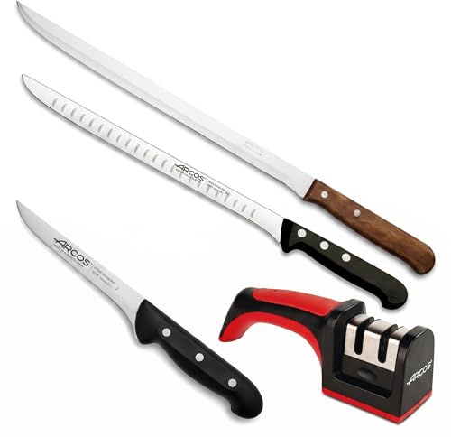 Arcos Set Profesional de Corte de Jamón: 2 Cuchillos Jamoneros (250/240mm), Deshuesador (160mm) y Afilador. Diseñado para loncheado preciso de jamón y preparación de carnes con Acero Nitrum