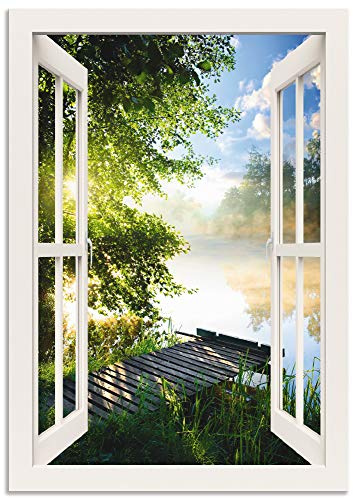ARTland Wanddeko Wandbild Alu Verbundplatte für Innen & Outdoor Bild Fensterblick Fenster Landschaft Wald Natur See Angelsteg Sonne Frühling T1JK
