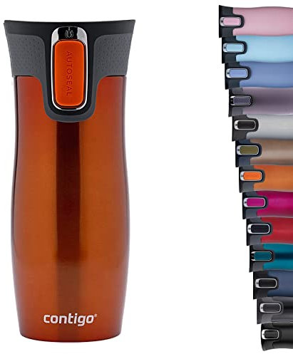 Contigo West Loop Autoseal Travel Mug, Stainless Steel Thermal Mug, Vacuum Flask, Leakproof Tumbler, Coffee Mug with BPA Free Easy-Clean Lid, 470 ml, Tangerine