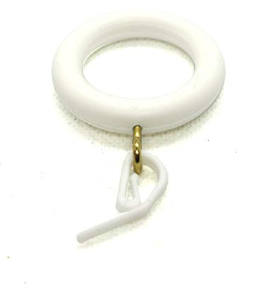 FixitFlo Anello per tende in plastica, effetto legno, con occhielli dorati e ganci bianchi, bianco, 10 pezzi (30 mm di diametro interno)