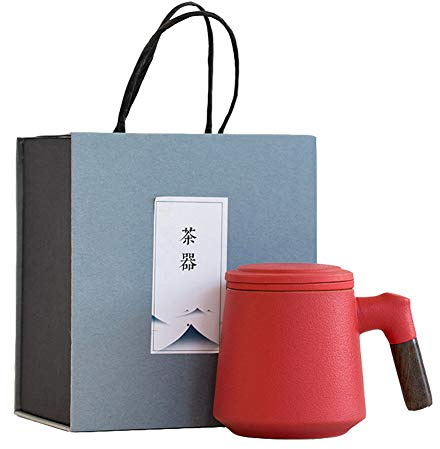 GOONSDS Keramische Teetasse mit Filter und Deckel Teetassen Holzgriff 350ml,Rot