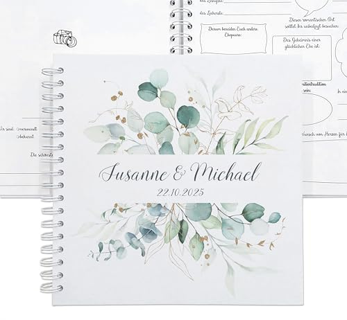 Feenstaub Gästebuch Hochzeit Eukalyptus mit Fragen, Hochzeitsgästebuch mit Namen des Brautpaares personalisiert, Ringbuch 25x25 cm zum Ausfüllen mit Spiralbindung