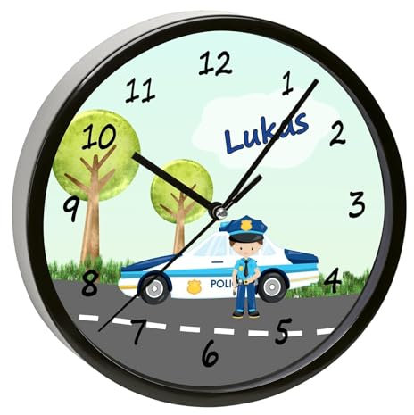 CreaDesign, Wanduhr für Kinderzimmer Polizei, Kinderuhr schwarz mit Quarz Uhrwerk, personalisiert mit Name, Durchmesser 19,5 cm