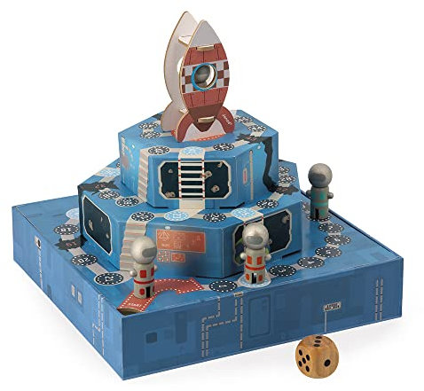 Janod - Space J - Gesellschaftsspiel für Kinder - Thema Weltall- 3D-Brettspiel aus Holz und Pappe - 2 bis 4 Spieler - FSC-zertifiziert - ab 5 Jahre, J02474, Blau