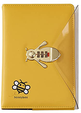 LinYesh Creative PU Leather Notebook Diary with Lock (Bee Pattern), A5 Secret Password Notepad Diary Journal Travel Diary Organizer with Combination Lock Pen Holder, 145x210mm