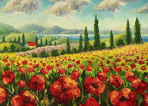 adrium Acryl-Bild 60 x 40 cm: Rote Mohnblumen malen. Sommerlandschaft mit italienischem Lavendel. Französische Toskana. Feld mit gelbem Roggen. Ländliche Häus (156097174)