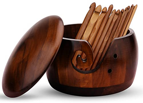 Holz Garnschale mit Deckel, Handgemachte Holzgarnschale und 12 Stück Häkelnadeln Set für Häkeln Stricken Zubehör DIY Handwerk Geschenk für Frauen