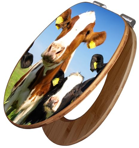banjado Design WC Sitz Bambus Absenkautomatik 45,8x37,5cm - Toilettendeckel mit Absenkautomatik Holz - hochwertiger Bambus Klodeckel - WC-Sitz für gängigen Toiletten - Motiv Kühe