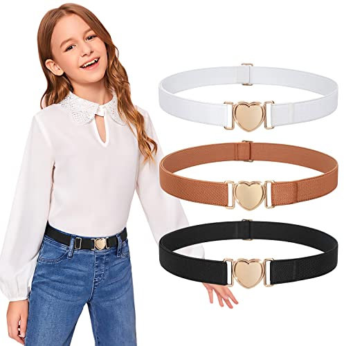JasGood 3 Stück Elastische Gürtel für Kleinkind Kinder Einstellbare Mädchen Teens Stretch Gürtel mit Herz Schnalle für Jeans Hosenkleid