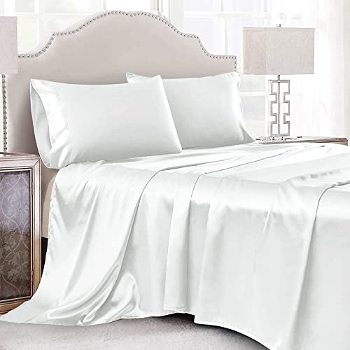 Cobedzy Set di 4 pezzi di lenzuola in raso bianco satinato per letto matrimoniale, set di biancheria da letto di lusso in raso setoso con 1 lenzuolo con angoli a tasca profonda, 1 lenzuolo piano