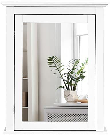 LIFEZEAL Armoire de Salle de Bain avec Miroir en Bois, Armoire Murale avec Étagère Réglable en Hauteur, Armoire de Toilette 56 x 15 x 70 cm, pour Salle de Bain, Blanche
