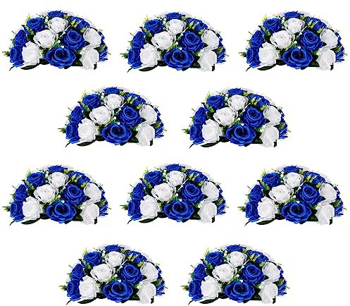 Flower Balls for Centerpieces Wedding Rose - 10 Pcs Artificial Rose Balls with Base, Royal Blue Fake Flower Ball Kiss Ball, Pink Floral, Wedding Flower Bouquets Arrangement for Parties, Home Decor