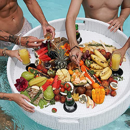 Oiyekntd Rattan gewebte schwimmende Tablett für Swimmingpool, servierende Tischfutter- und Getränkehalter für Sandbänke und Hochzeitsfotografie Fotoshooting mit Griffen,White-80cm
