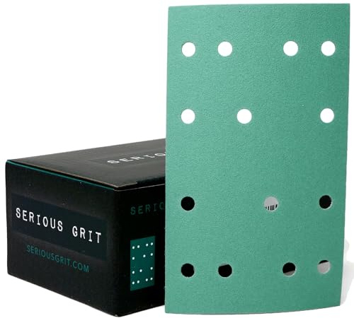 Serious Grit - 80x133mm 14-Hole P180 Grit Sanding Sheets - 50 Pack Box | Fits Festool RTS 400 & Mirka DEOS 353 - Heavy-Duty Hook & Loop Wet/Dry Film Sanding Sheets for Doors, Cabinetry, Paint, etc