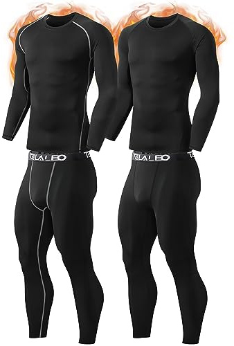 TELALEO 2 Set Mens Thermal Underwear Fleece Lined Long Johns 4 Pcs Base Layer Shirts Pant for Cold Winter Weather L