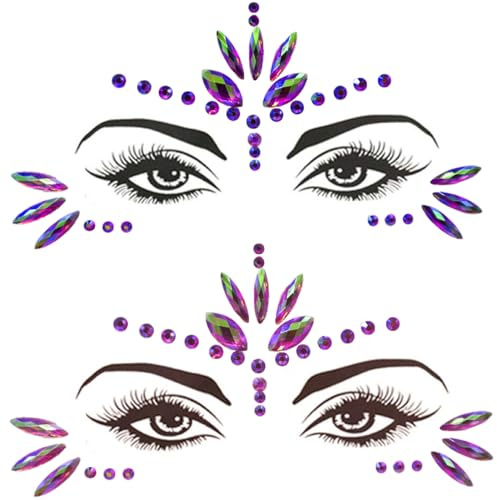 Meerjungfrau Gesicht Edelsteine Stick Schmuck für Frauen Cosplay Meerjungfrau Halloween Make-up Aufkleber Rave Party Geschenk für Damen Glitzersteine Gesicht Tattoo Konzert Dress-up Dekorationen(Lila)