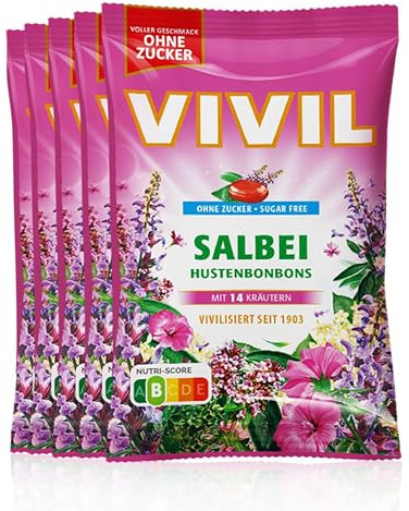 VIVIL Salbei mit 14 Kräuter, 5 Beutel, Hustenbonbons mit Salbeigeschmack, zuckerfrei & vegan, 5 x 120g