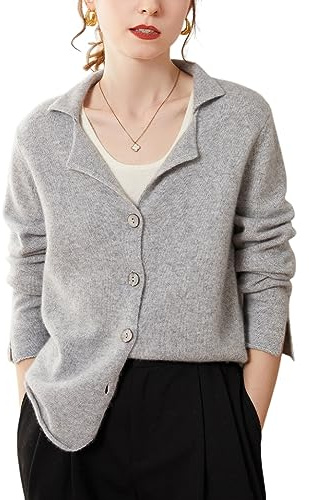 DISSA Gilet Cachemire Femme Col Revers Lisse,Gris Clair,42
