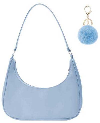 Aucuu Umhängetasche Damen Handtasche, Nylon Retro Achsel Tasche mit Pom-Pom-Schlüsselanhänger, Y2k Fashion Unterarmtasche mit Reißverschluss-Geschenk für Weihnachten und Geburtstag, Weiß