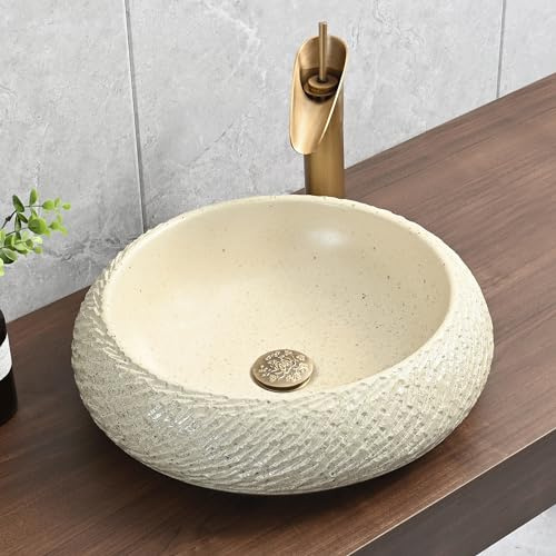 Gesipor Bathroom Vessel Sink Imitation Natural Marble17.72 Round Porcelain Ceramic Wash Bowl Countertop Art Basin with Pop-Up Drain for Bathroom Lavatory Vanity Dressing Room (Beige)