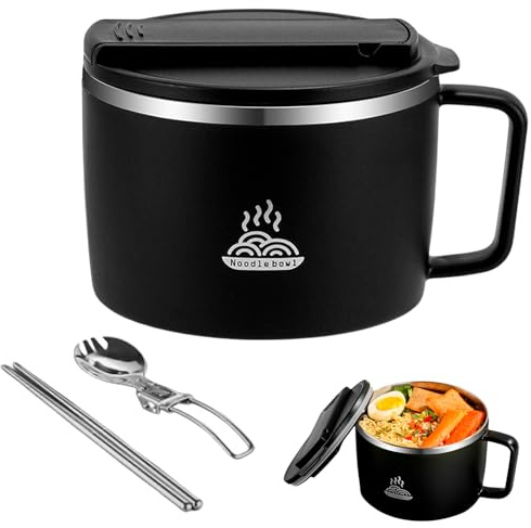 MEYAGOT Bol à Ramen Avec Couvercle,1300ml Bol Ramen Acier Inoxydable Avec Baguettes Et Cuillère,Bol A Ramen Instantané,Bol De Cuiseur Ramen Portable Pour Salade,Nouilles Instantanées