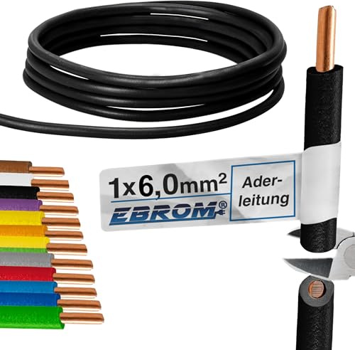 EBROM - 5 Meter Aderleitung eindrähtig - Einzelader - Verdrahtungsleitung starr - PVC Leitung - H07V-U 6mm2 | 6 mm² | 6 mm2 - Farbe: schwarz - Vollkupfer 99,9% OFC Kupfer - Länge: 5 Meter
