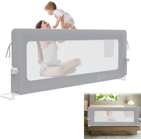 YRHome 200 cm, Sänggaller, fallskydd, vikbart 180 grader, vridbart, sängskydd för småbarn, luftigt nät, höjdjusterbart fallskydd säng för barnsäng, föräldrars säng (grå)