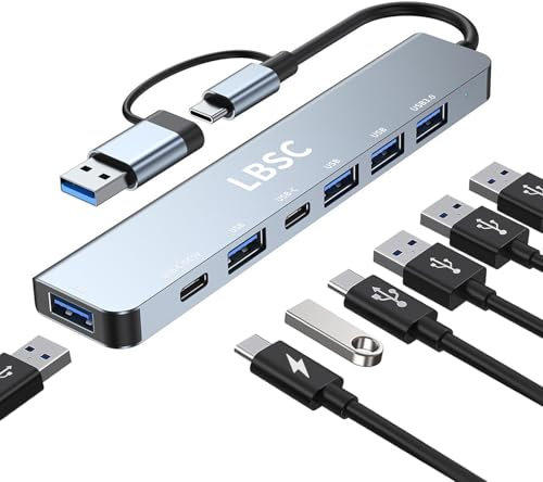 USB C Hub, 7 in 1 USB Splitter Multiport Adapter, Usb Hub For Laptop,MacBook,PS5/PS4, Switch, Printer, USB Fan, Flash Drive (A+C 7 in 1)