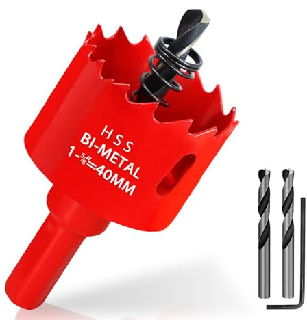 KACNON Seghe a Tazza Bi-Metallica 40 mm, M42 HSS Sega A Tazza Trapano, con Adattatore Esagonale e Punta di Centraggio, per Forare Plastica, PVC, Legno, Fibra di Legno, Metallo Dolce, Rosso