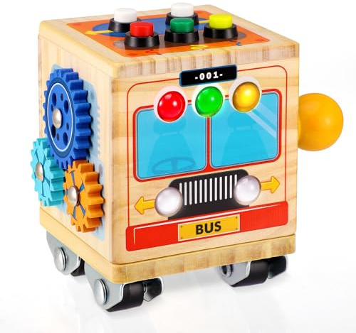 Ovshnrr Busy Cube for Kleinkinder, Busy Bus Spielzeug Holz, LED Busy Board Lichtschalterspielzeug Activity Board Motorikspielzeug für Jungen und Mädch