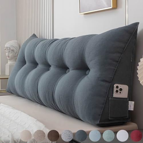 Rückenkissen Bett 180cm Dunkelgrau, Leinen Rückenlehne Kissen, Keilkissen Bett kopfteil, Waschbar Abnehmbar Lesekissen für Bett und Sofa, Rückenstützkissen Lendenkissen mit Seitentasche