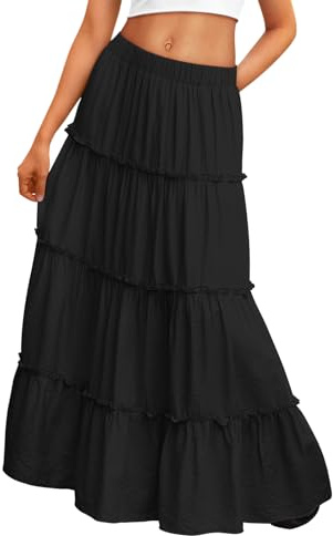 Trendy Queen Black Skirt for Women Winter Boho Maxi Skirts Swing Tiered A-Line Elastic High Waist Dress with Pockets Fashion Black S