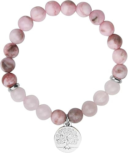 eModwey Pulsera de Cuarzo Rosa y Jade Cebra de 8mm para Mujeres - Pulsera de Piedras Preciosas con Colgante de Árbol de la Vida, Ideal para Yoga, Chakras y Meditación, Regalo para Parejas y Amistades
