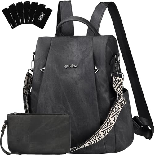 Eshow Rucksack Damen Klein, Anti-Diebstahl Elegant Cityrucksack, Wasserdichter Tagesrucksack Veganes Leder, Rucksacktasche mit Clutchbag RFID Blocker Modern für Pendeln Schule Arbeit Reise Shwarz