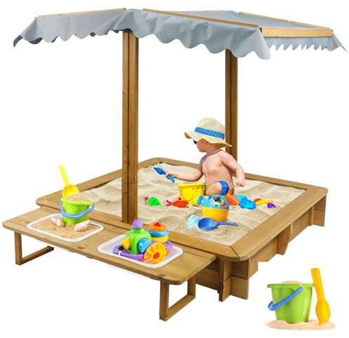 Gowoodhut Wooden Sandbox Outdoor Backyard,Kid's Large Sand Box with Retractable Canopy for Aged 3-8 Years Old,45.3x45.3in Children Sand Pit Play Equipment with Bottom Liner for Beach Garden