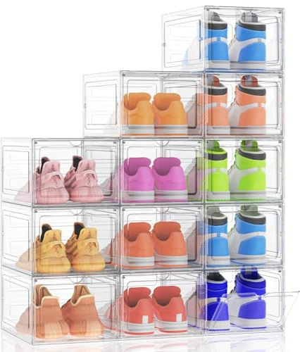 Kitsure Thicker & Sturdier Shoe Storage Boxes – 12 Pack White Clear Plastic Foldable Organiser with Magnetic Door, Reinforced Heavy-Duty Design for Trainers, Toiletries & Accessories, 33.5x24x18.5cm