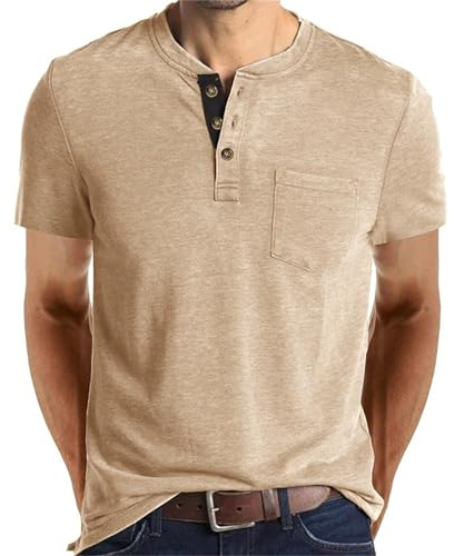 NJNJGO Chemises Henley à manches courtes pour homme, hauts basiques à 3 boutons, t-shirt décontracté coupe ajustée avec poche, Kaki B., Taille M