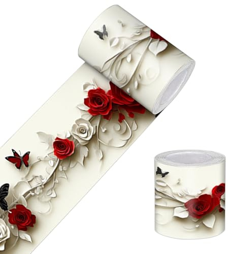 HOMETITUTE Wallpaper Border Peel and Stick Decorative Wall Trim Self Adhesive Red Rose Butterfly Accent Strip for Bedroom Living Room Mirror Frame Hallway Kitchen 4x196 Inch Romantic Floral Style