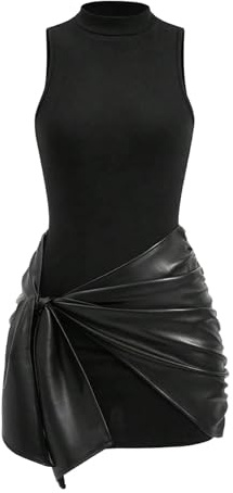 MakeMeChic Women's Leather Dress Sleeveless Summer Dresses with Ruched Wrap Tie Skirts Date Night Outfit Black Large