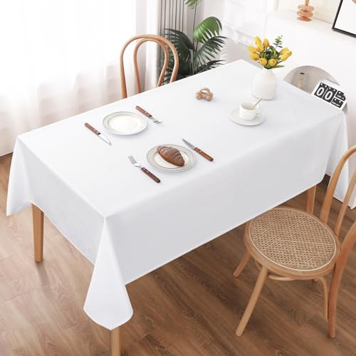 AooHome Tischdecke Abwaschbar, Weiß Tischdecken 140x280cm Leinen-Optik Tischtuch aus Polyester Wasserabweisend mit Lotuseffekt, Dauerhaft Kratzfest für Wohnzimmer, Esszimmer, Balkon, Garten