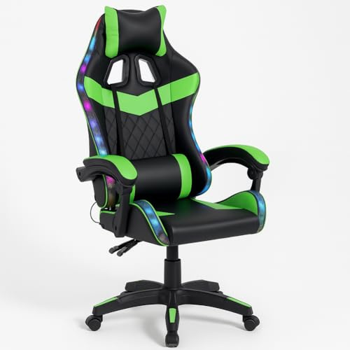 BAKAJI Sedia Gaming Poltrona da Ufficio Direzionale Ruote Girevole Sportiva Racer Direzionale Office Racing Presidenziale Casa Studio Sedia Da Scrivania Uffici Altezza Regolabile (Verde con Led)