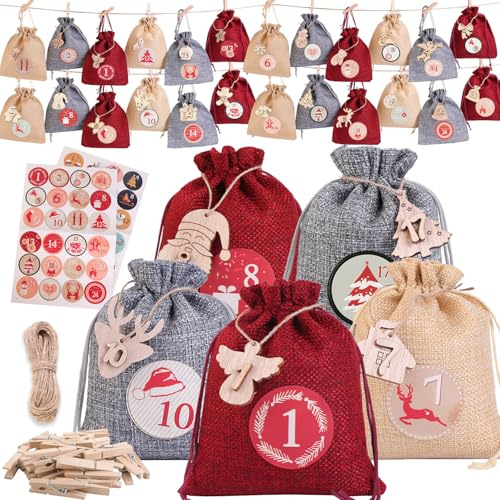 Adventskalender zum Befüllen - 24 Stück 2025 Weihnachtskalender Adventskalender zum Befüllen,12x15cm Weihnachtsdeko Geschenktüten für Kinder (Rot)