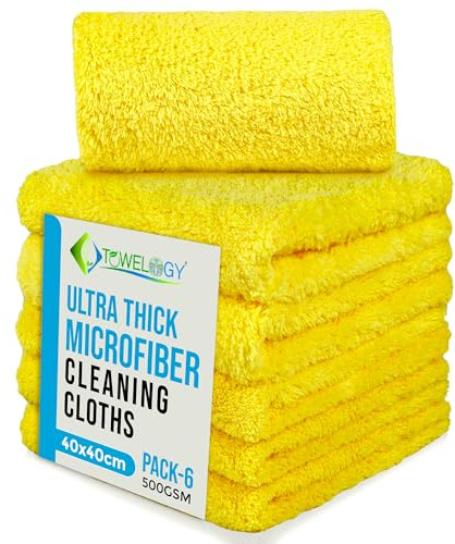Towelogy® Ultra Thick Microfibre Cloths 500GSM Super Absorbent Large Microfibre Cleaning Cloths for Kitchen, Mirrors, Glass, Bathroom and Household 40x40cm (6, Yellow)