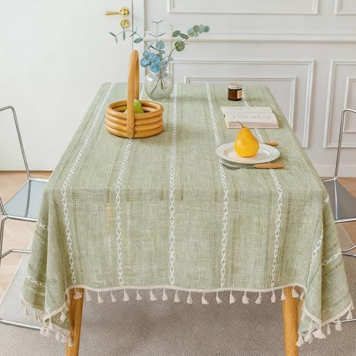 MospdyGear Cotton Linen Tablecloth,140×220cm Rectangular Green Table Cloth with Fringes, Dust-Proof and Washable, Ideal for Kitchen, Dining, and Outdoor Events (86.6x55.1inch)