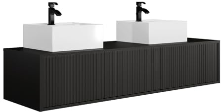Vente-unique - Mueble de baño para colgar, estriado con doble lavabo – Negro – 150 cm – Arnega
