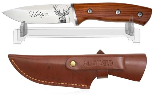 ADAM WILD Jagdmesser mit Gravur | personalisierte Jagd-Geschenke für Jäger | Wildsau, Hirsch, Wolf, Reh & Fuchs mit Wunschname graviert | rostfreier Edelstahl, Holzgriff & Lederscheide | Jagdzubehör